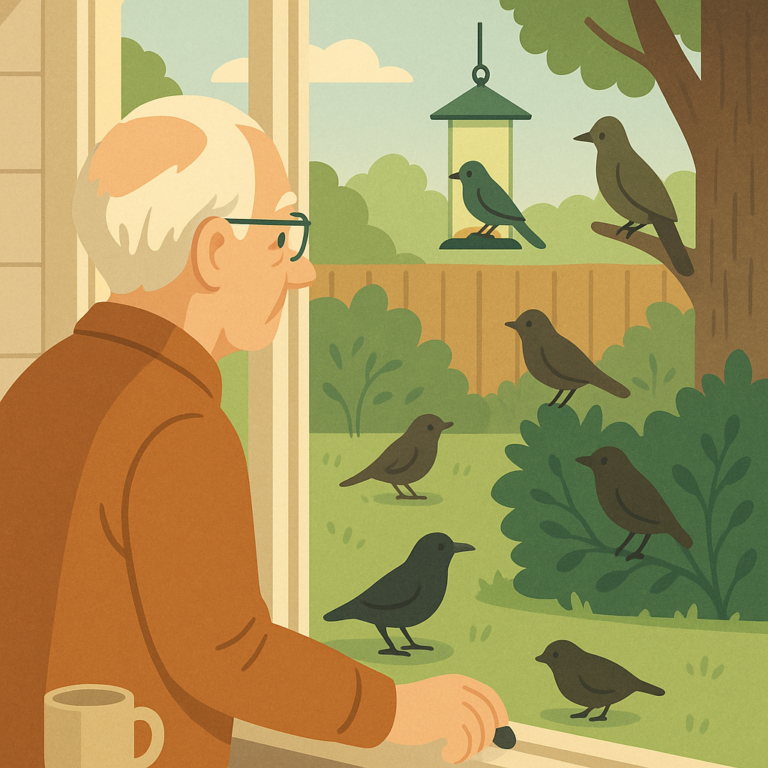 Backyard birdwatcher observing several common bird family shapes around a quiet garden.
