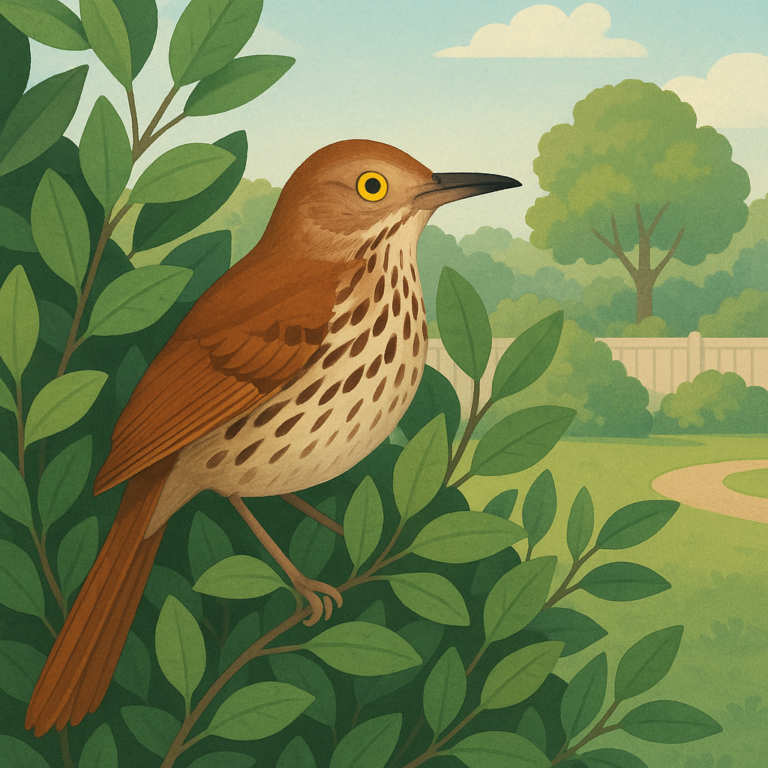 Brown Thrasher partly hidden in a leafy backyard shrub with a long tail and streaked chest.