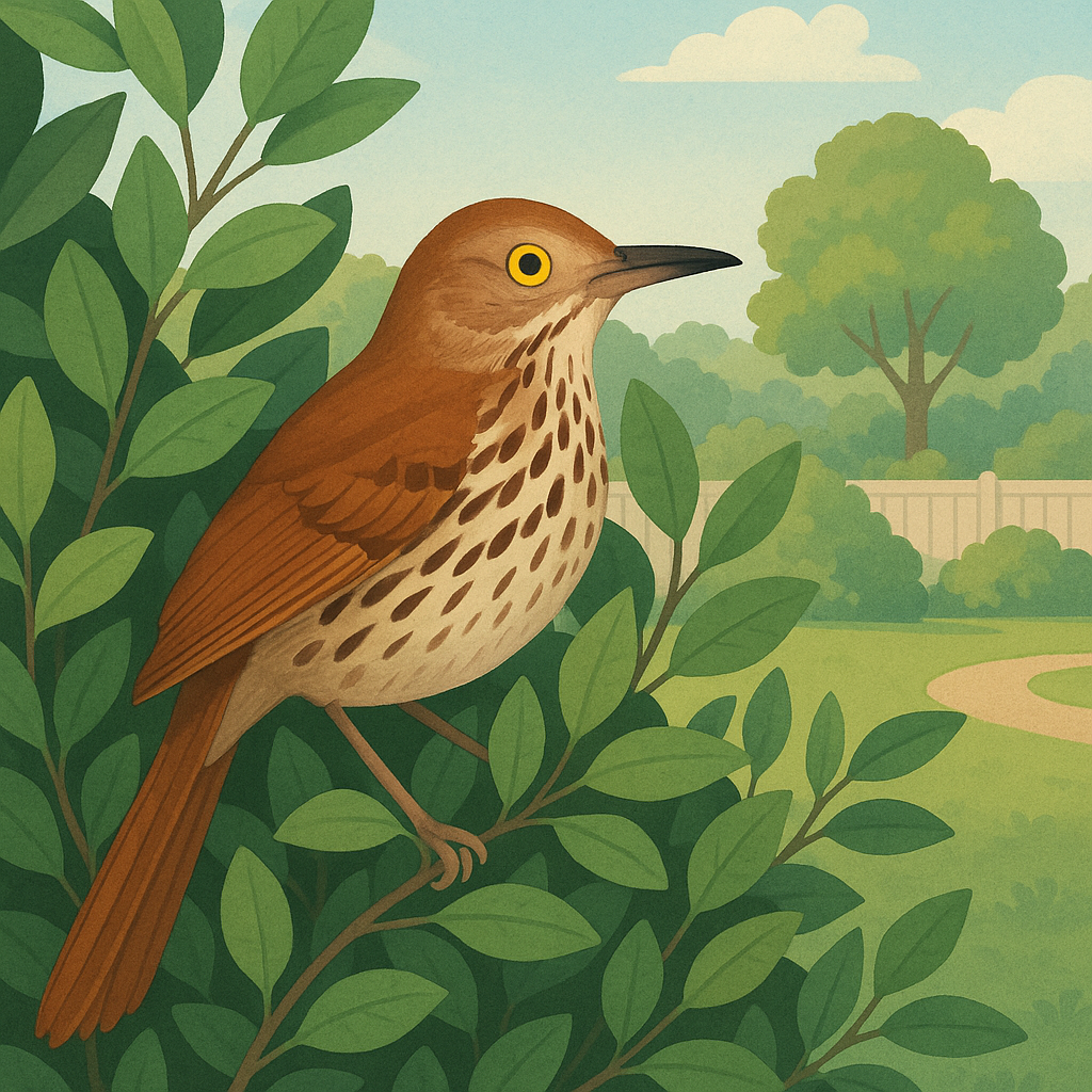 Brown Thrasher partly hidden in a leafy backyard shrub with a long tail and streaked chest.