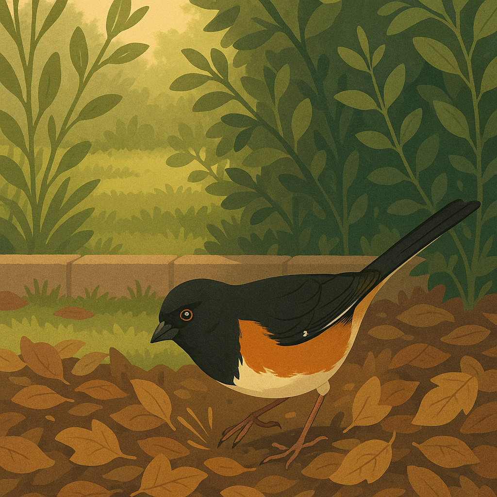 Eastern Towhee scratching through leaves under backyard shrubs