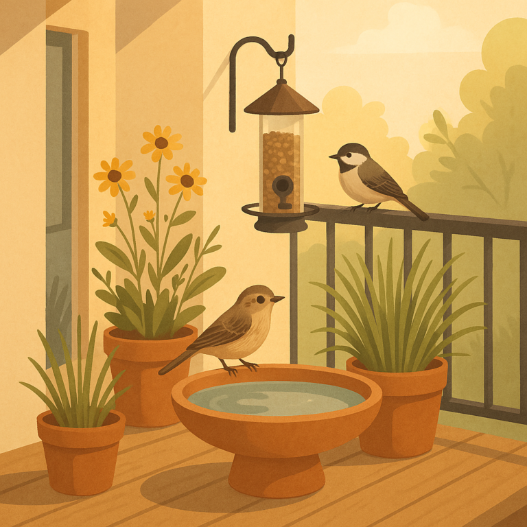 Small patio with potted plants, clean water, and a feeder for visiting birds
