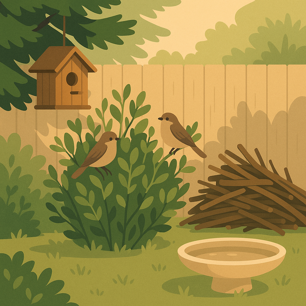 Backyard corner with shrubs, an evergreen, and a tidy brush pile providing safe shelter for birds
