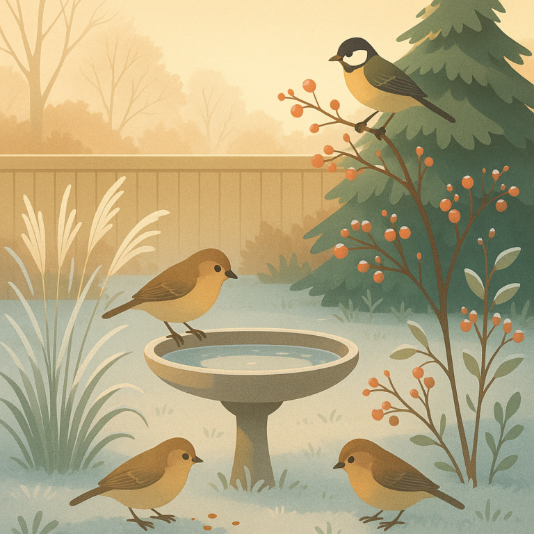 Backyard birds gathering near berries, water, and evergreen shelter after the first frost