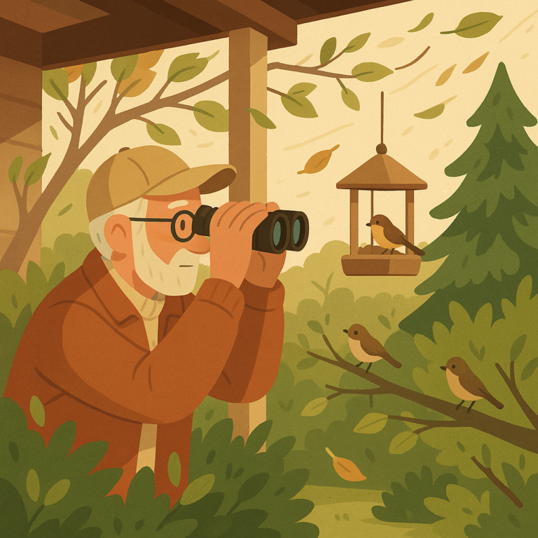 Backyard birds using shrubs and evergreens for shelter while a birdwatcher observes calmly on a windy day
