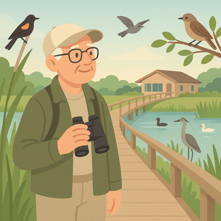 Beginner birdwatcher standing on a wildlife refuge boardwalk while observing birds from a respectful distance