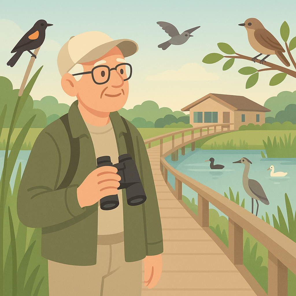 Beginner birdwatcher standing on a wildlife refuge boardwalk while observing birds from a respectful distance