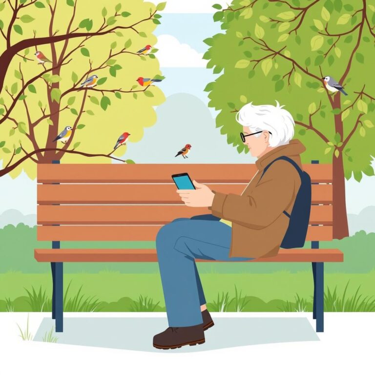 Beginner birdwatcher using a smartphone to photograph birds from a quiet park bench