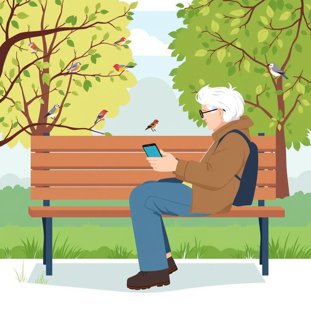 Beginner birdwatcher using a smartphone to photograph birds from a quiet park bench