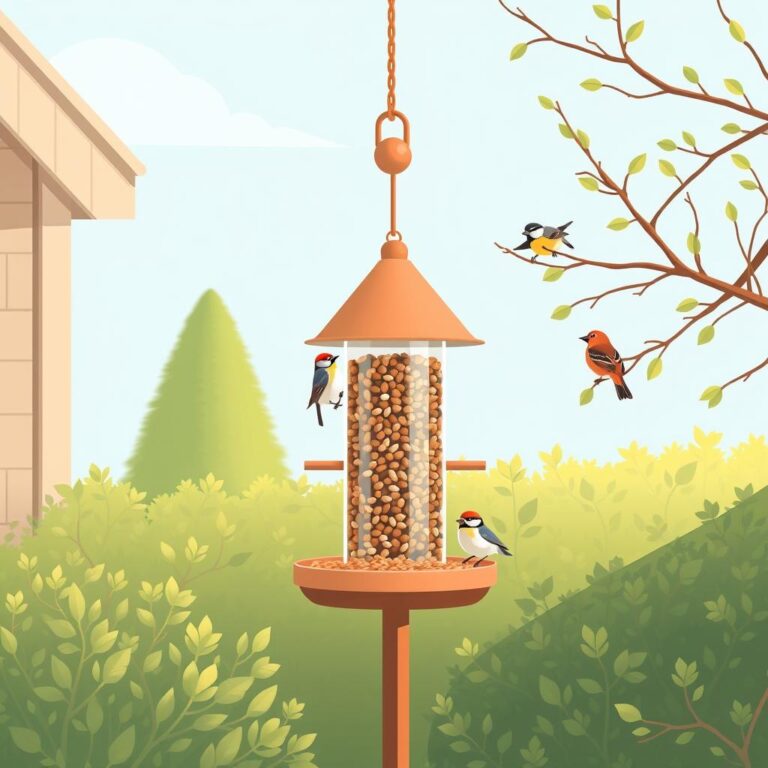 Quiet backyard bird feeder with small birds watching from nearby shrubs
